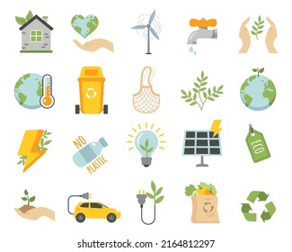 Green, ecology and environment icons set. Save planet symbols with house, wind power plant, solar power plant, sun, e-car, bike, gas station, water, battery, trees and lettering. Vector illustration