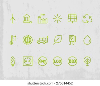 Green, Ecology and environmental protection outline icon set. Thin line design. Eco technologies. Isolated on grunge background. Vector illustration