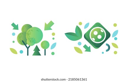 Green Ecology Flat Icon and Eco-friendly Environmental Symbol with Tree Vector Set