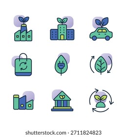 Green ecology icon set vector illustration of environment symbols like leaf, tree, house, car, energy, water, recycling, and earth on a button sign for web design