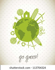 green ecology icons over planet, go green. vector illustration