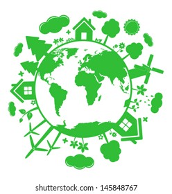 Green ecology icons over planet