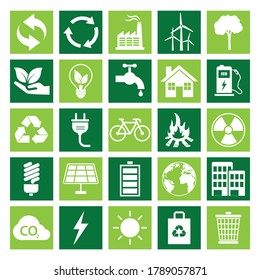 green ecology icons set on white background. nature sign symbol. conservation saving support and solution. sustainable and environmental friendly concept. vector illustration in flat style design. 