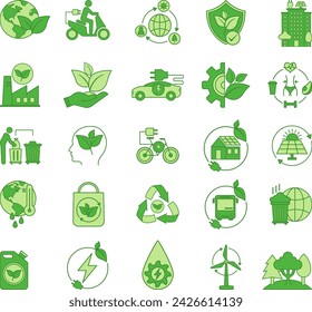 Conjunto de iconos de ecología verde. Iconos vectoriales de ecotecnología, protección del medio ambiente, ecología industrial, conservación de la naturaleza, ciudad ecológica, cambio climático, calentamiento global, energía renovable y otros