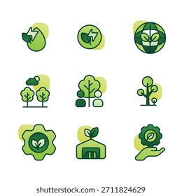 Grüne Ökologie-Symbole: Vektorsymbole von Blatt, Baum, Recycling und Natur für das Umweltdesign
