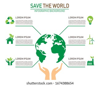 elemento infográfico de ecología verde. salvar el concepto del medio ambiente mundial. diseño plano de ilustración vectorial. aislado de fondo blanco. puede utilizarse para el diseño de flujo de trabajo, diagrama. Manos sosteniendo globo terrestre.