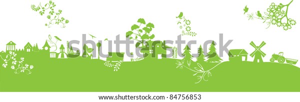 green\
ecology landscape with flowers, houses,\
birds