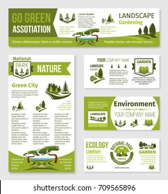 Colegios ecológicos y paisajistas de la asociación o carteles de la empresa y plantillas de carteles. Conjunto de vectores de zonas verdes, árboles forestales o jardines y bosques para el medio ambiente y la plantación de la naturaleza