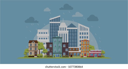 Green Ecology Modern City Urban Landscape Friendly Environment Vector Inspiration Skyline Buildings Architecture Web Banner Background Wet Rain