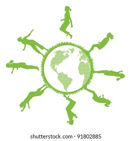 Green ecology planet concept with jumping kids