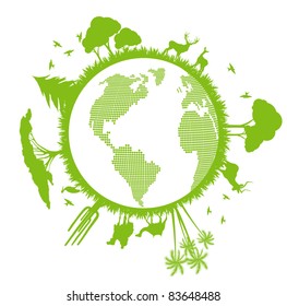 Green ecology planet vector background with trees around globe