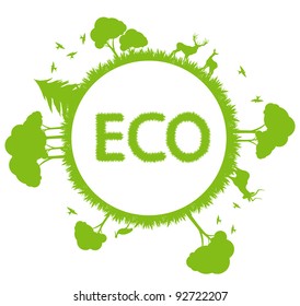 Green ecology planet vector background with trees around globe