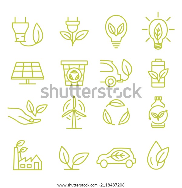 Green ecology\
symbols. Eco friendly related icons. Conservation is saving support\
and solution. Environment and sustainable concept. Alternative\
energy. Editable stroke