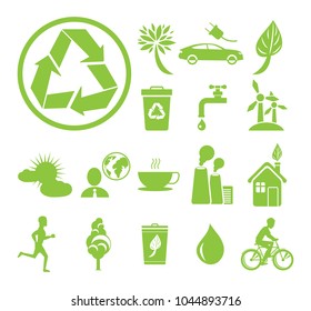 Green ecology themed signs vector illustrations set. Big recycling symbol, alternative energy, stop pollution and save water.