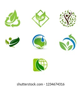 Green ecology vector icons. Clean environment, recycling process and renewable energy pictograms.