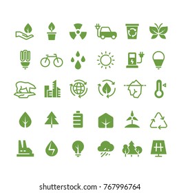 Green Ecology Vector Icons. Clean Environment, Recycling Process And Renewable Energy Pictograms. Green Energy, Ecology And Environment Illustration