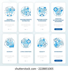 Green economy attributes blue onboarding mobile app screen set. Walkthrough 4 steps editable graphic instructions with linear concepts. UI, UX, GUI template. Myriad Pro-Bold, Regular fonts used
