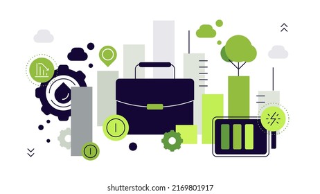 Green economy. Briefcase with economic and ecological objects. Eco friendly concept. Flat illustration. Vector file.