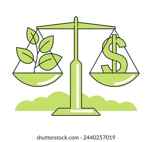 Green economy concept - balance between ecology and incomes. Isolated vector illustration in thin line with green background