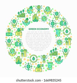 Green economy concept in circle with thin line icons: financial growth, green city, zero waste, circular economy, anti-globalism, global consumption. Vector illustration for environmental issues.