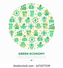 Green economy concept in circle with thin line icons: financial growth, green city, zero waste, circular economy, anti-globalism, global consumption. Vector illustration for environmental issues.