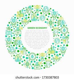 Green Economy Concept In Circle With Thin Line Icons: Financial Growth, Green City, Zero Waste, Circular Economy, Anti-globalism, Global Consumption. Vector Illustration For Environmental Issues.