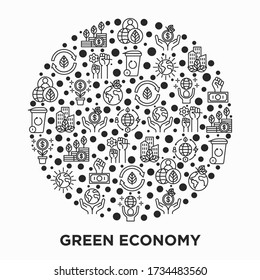 Green economy concept in circle with thin line icons: financial growth, green city, zero waste, circular economy, anti-globalism, global consumption. Vector illustration for environmental issues.