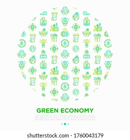 Green economy concept in circle with thin line icons: financial growth, green city, zero waste, circular economy, green politics, global consumption. Vector illustration for environmental issues.