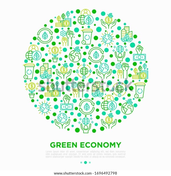 Green economy concept in circle with thin line
icons: financial growth, green city, zero waste, circular economy,
anti-globalism, global consumption. Vector illustration for
environmental issues.