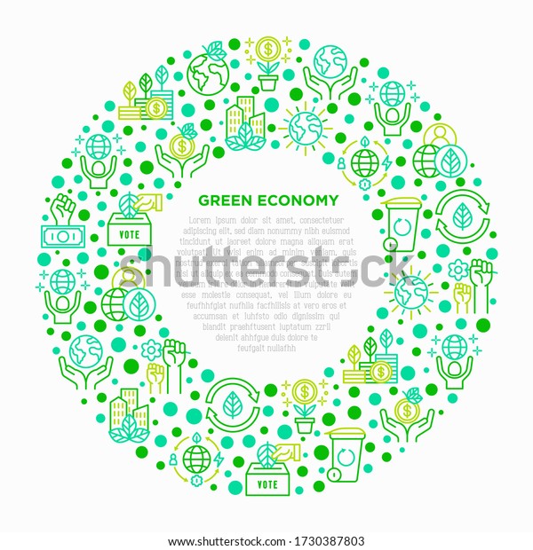 Green economy concept in circle with thin line\
icons: financial growth, green city, zero waste, circular economy,\
anti-globalism, global consumption. Vector illustration for\
environmental issues.