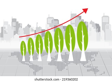 Concepto de economía verde: Gráfico del creciente ambiente sostenible con las empresas. Ilustración vectorial.