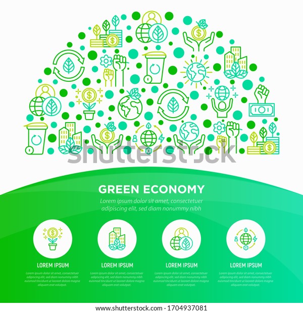 Green economy concept in half circle with thin\
line icons: financial growth, green city, zero waste, circular\
economy, anti-globalism, global consumption. Vector illustration\
for environmental\
issues.