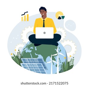 Green Economy Concept. Man With Laptop Looking For Ways To Develop Company And Production Without Harm To Environment. Responsible Business, Reducing Emissions. Cartoon Flat Vector Illustration