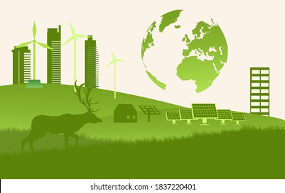 Green economy concept vector illustration. deer, grass and hills silhouettes