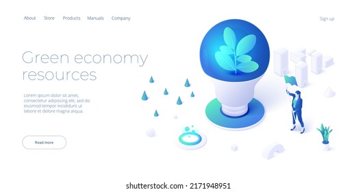 Green economy and environment protection concept in isometric vector illustration. Esg and climate change. Sustainable power for clean earth environment