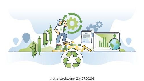 Green economy and environmental global business development outline concept. Save earth with sustainable projects and nature friendly investments vector illustration. Company with future bio vision.