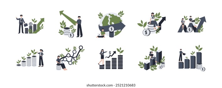 Conjunto de ilustração plana da economia verde. Inclua economia verde, sustentável, indústria verde, crescimento da natureza e finanças globais. Ilustração vetorial isolada.