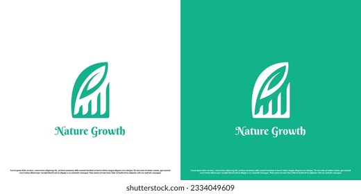 Design-Illustration zum Thema Wachstum der grünen Wirtschaft. Einfache moderne minimalistische flache abstrakte Silhouetten Index Balkendiagramm Finanzwachstum Diagramm Naturpflanzenblätter.