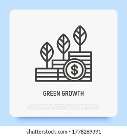 Green economy growth thin line icon. Sprouts are sprouted through stacks of coins. Circular economy, renewable resources. Vector illustration for environmental issues.