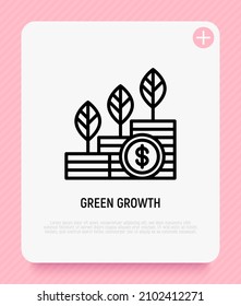 Green economy growth thin line icon. Sprouts are sprouted through stacks of coins. Circular economy, renewable resources. Vector illustration for environmental issues.
