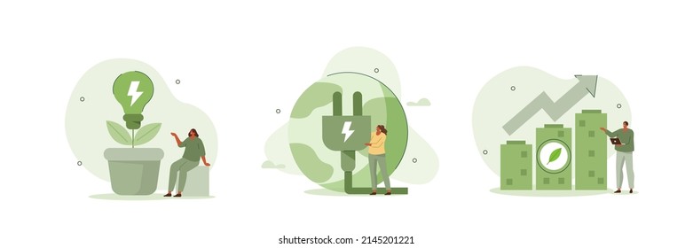 
Green economy illustration set. Sustainable economic with renewable energy and natural resources. Green nature energy and electric power industry concept. Vector illustration.