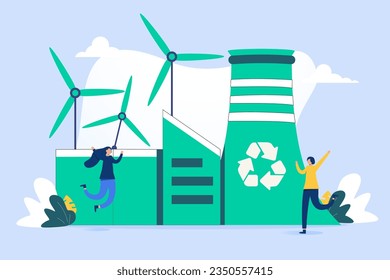 Ilustración de la economía verde. Economía sostenible con energía renovable y recursos naturales. Concepto de energía de naturaleza verde y de industria de energía eléctrica. Ilustración vectorial.