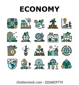 Green Economy Industry Collection Icons Set Vector. Energy Saving Electrical Transport And Zero Waste Technology, Green Economy And Production Line Pictograms. Contour Color Illustrations