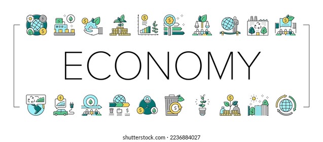 Symbole der Kollektion der grünen Wirtschaft setzen Vektorgrafik. Energieeinsparung für den elektrischen Transport und die Zero Waste Technology, Piktogramme für die umweltfreundliche Wirtschaft und die Produktionslinie. Farbtöne