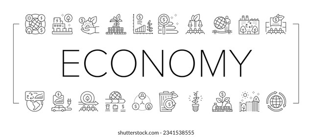 Green Economy Industry Collection Icons Set Vector. Energy Saving Electrical Transport And Zero Waste Technology, Green Economy And Production Black Contour Illustrations