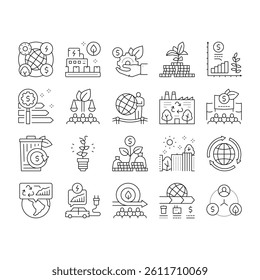 Green Economy Industry Collection Icons Set Vector. Energy Saving Electrical Transport And Zero Waste Technology, Green Economy And Production Black Contour Illustrations