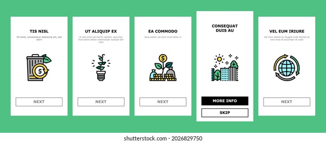 Green Economy Industry Onboarding Mobile App Page Screen Vector. Energy Saving Electrical Transport And Zero Waste Technology, Green Economy And Production Illustrations