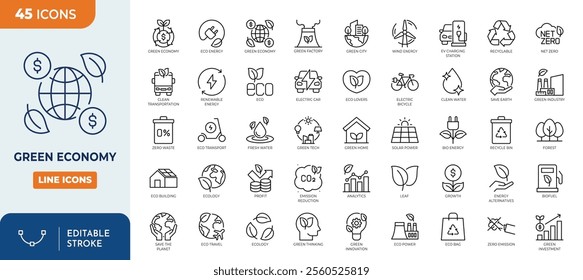 Green economy line editable icon set. financial growth, green city, zero waste,global consumption, ecology, solar energy and more