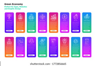 Green economy mobile user interface with thin line icons: financial growth, green city, zero waste, circular economy, green politics, anti-globalism. Vector illustration for environmental issues.