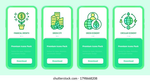 Green economy mobile user interface with thin line icons set: financial growth, green city, zero waste, circular economy. Vector illustration for environmental issues, template with copy space.